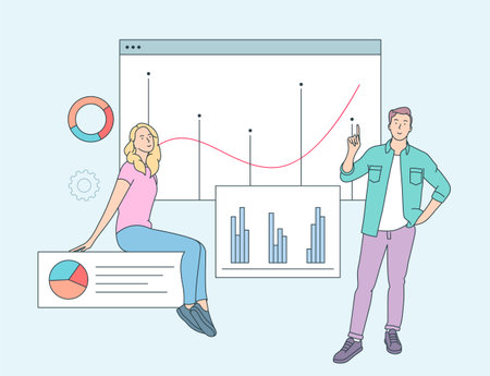 Data analysis concept. People business partners workers analysing financial data and marketing information statistics. Flat vector illustrationのイラスト素材