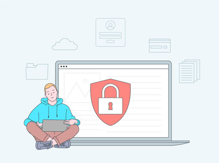 Data breaches, data leakage prevention concept. Personal digital security. Defense, protection from hackers, scammers. Flat vector illustrationのイラスト素材