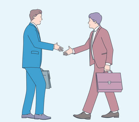 Business deal contract agreement support cooperation management new job concept. Two people man businessman office workers character shaking hands. Flat vector illustration.のイラスト素材