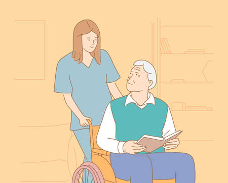 Nursing home, hospital, hospice, rehabilitation concept. Smiling female nurse pushing wheelchair with smiling senior manのイラスト素材