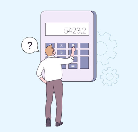 Finance, calculations and economy concept. Male professional with calculator for math operations, budget, analytics, data, income, finance. Flat vector illustrationのイラスト素材