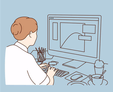 Creativity process, creative workplace concept. Female graphic designer, illustrator or freelance worker sitting at desk and work on computer at homeのイラスト素材