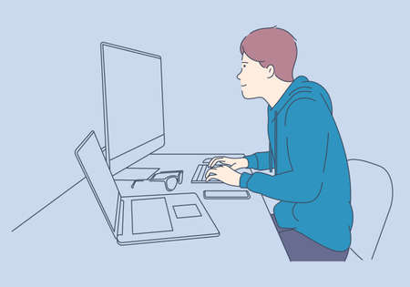 Script coding and programming in php, python, javascript, other languages concept. Young programmer concentrated at working project. Developing programming and coding technologies. Screen with codes, developer at work with task.のイラスト素材