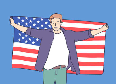 4th of July Independence Day, freedom, democracy concept. Young excited happy man holds a big USA flag and celebrating. Flat vector illustrationのイラスト素材