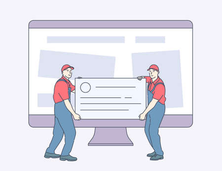 Technical support, website maintenance, website maintenance services concept. Pair of servicemen or repairmen holding and carrying tools against computer monitor.のイラスト素材