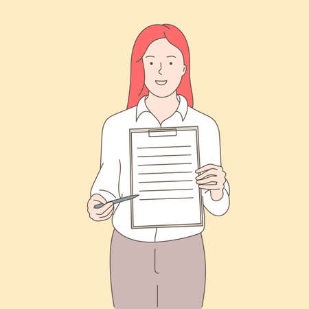 Agreement conclusion, business partnership, documentary coherence concept. Businesswoman in office suit holding a document in which all approved, validated, agreed.のイラスト素材