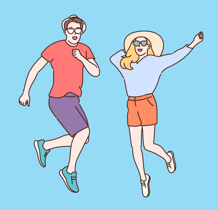 Summer, vacation, relaxation, concept. Young happy couple ready for summer vacation, jumps with happinessのイラスト素材