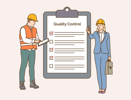 Checklist, quality control, construction industry concept. Team of engineers control and check work...