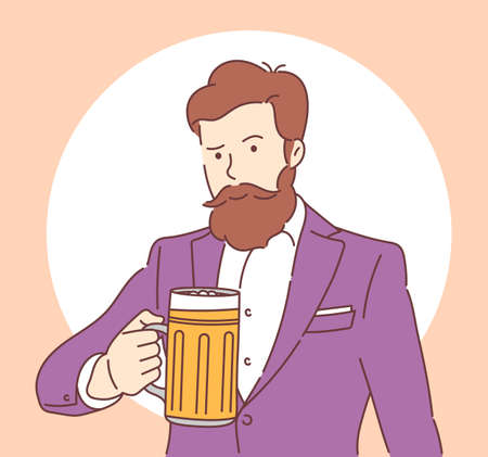 National Beer Day. Joyful man with a beard in suit holding a mug of beer. Flat vector illustrationのイラスト素材