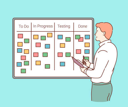 Business strategy planning, project management concept. Happy man stand by clipboard, organize agenda. Flat vector illustrationのイラスト素材