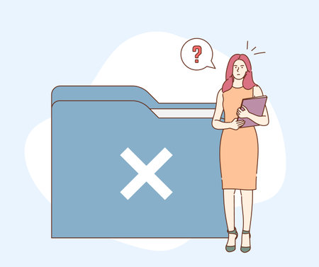 Data, search, not, found, concept. Young businesswoman is puzzled by the search and search for documents.のイラスト素材