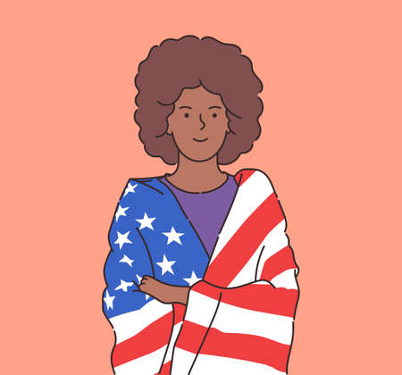 4th of July Independence Day, freedom, democracy concept. Happy young african american woman wrapped in USA flag. Flat vector illustrationのイラスト素材
