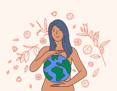 Mythical Goddess Pachamama, save the earth and earth day, green day concept. Mother earth day with planet, nature and beauty woman.のイラスト素材