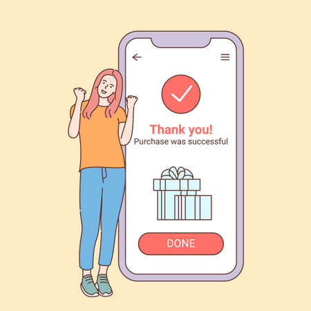 Online payment and successful purchase concept. Girl woman rejoices in success and confirmation of order. Buying things and goods in an online store on smartphone.のイラスト素材