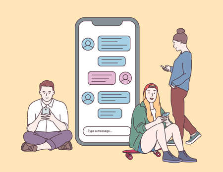 Group chat, chat messages, online communication concept. Young people talking, typing, chatting with phones. Flat vector illustrationのイラスト素材
