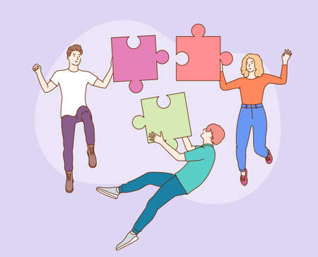 Team work, team building, corporate organization. Young group of men and women managers cartoon characters cooperate together assembling jugsaw puzzles.のイラスト素材