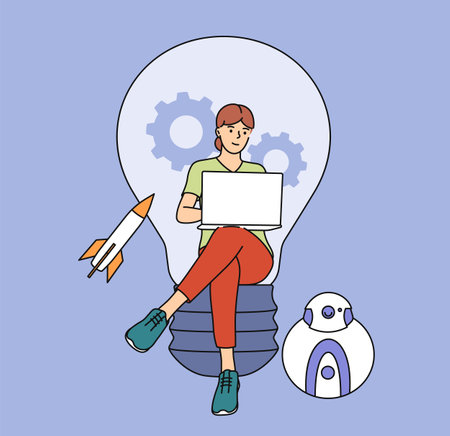 Innovation, creative idea, smart worker, education. Young smart woman cartoon character sitting and solving tch problems.のイラスト素材