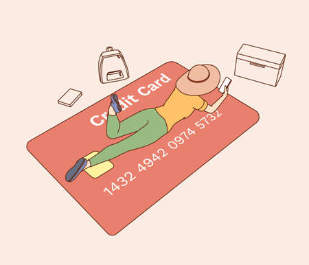 Online shopping, marketing, online payment. Young woman customer buyer choosing clothes making payment online.のイラスト素材