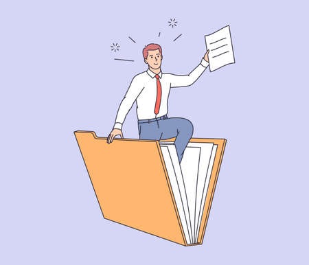 Database, searching info. Young man office worker searching file to big folder. Businessman holds paper document. User and data archiveのイラスト素材