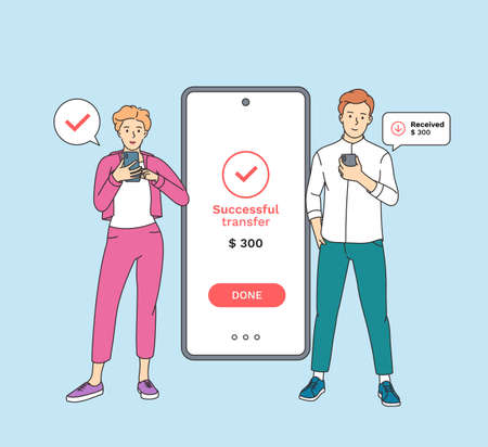 Contactless payment, online transaction. Young smiling woman and man holding smartphone and sending and receiving money wireless with smartphones.のイラスト素材