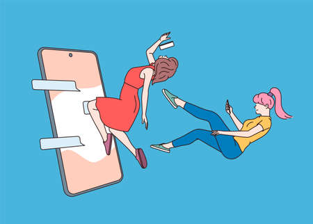 Social media chat and communication. Young womans flying and holding smartphone and chatting in messenger or social network.のイラスト素材