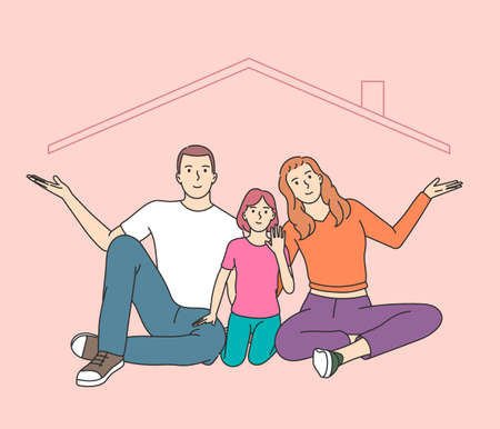 Home insurance metaphor, happy childhood memories. Parents and kid playing together, children enjoying common pastime, leisure activities with mom and dadのイラスト素材