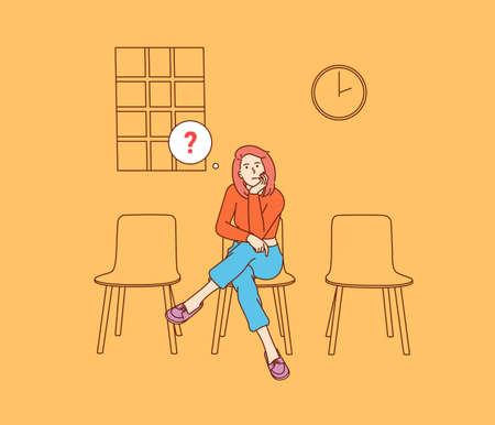 Meeting, delay vacation. Young unhappy woman sitting thoughtfully.のイラスト素材