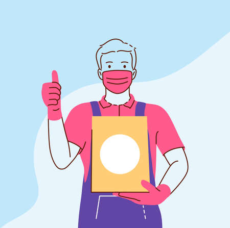 Delivery during virus epidemic. Young man courier deliveryman in protective medical mask standing and holding order in box for deliveryのイラスト素材