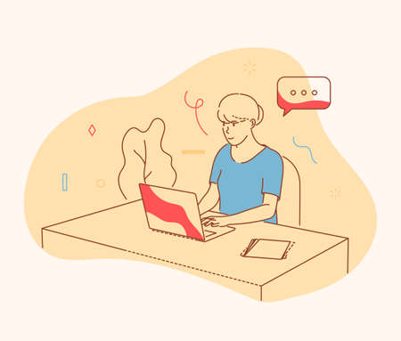 Freelance, online working, job. Woman during work planning. Young positive woman sitting at desk deep in thought working on laptop in office vector illustration.のイラスト素材