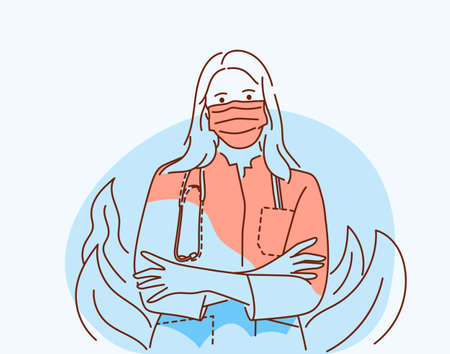 Doctor, medicine, healthcare. Young doctor in uniform and medical protective mask.のイラスト素材