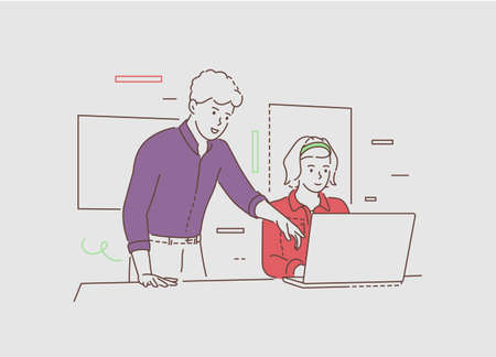 Business people teamwork or internship. Young business men and women do teamwork or internship at office.のイラスト素材