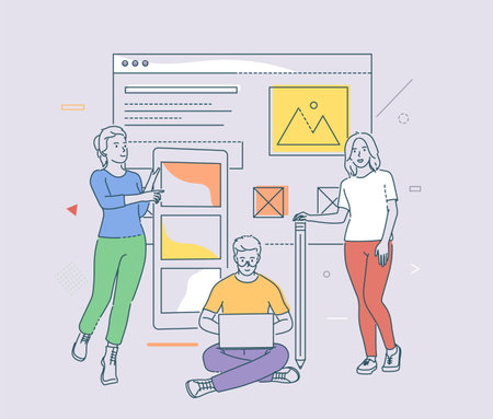 ? reativity, teamwork, collaboration, partnership. Happy people working at creative design agency office concept. Collaboration of creators.のイラスト素材