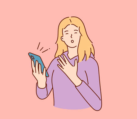 Surprise, shocking news, internet. Young smiling female reading shocking news in message on mobile phone using network connection on smartphoneのイラスト素材