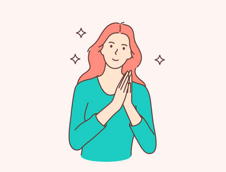 Cheerful and positive emotions. Touched positive woman with pleased expression keeps hands together, feels gratitude, impressed by good words of gratitudeのイラスト素材