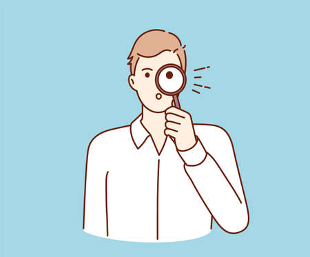 Frequently asked questions, query, investigation, search for information. Young businessman cartoon character holding magnifying glass and looking through searching for information.のイラスト素材