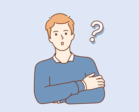 Problem, question, thinking. Young confused man cartoon character expressing frustration with difficult situation trying to find solution in headのイラスト素材