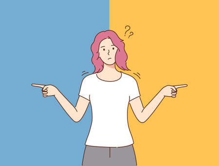 Choice, thinking, doubt, problem .Young pensive thoughtful confused doubtful woman or girl standing and choosing between two colors or ways pointing in other sides illustrationのイラスト素材