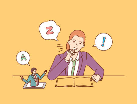 Education, learning, school. Schoolgirl is learning or thinking about solving exercise with virtual internet teacher.のイラスト素材