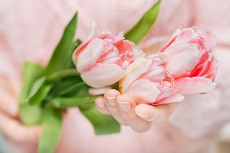 Young woman holding pink tulips on a white background.の写真素材