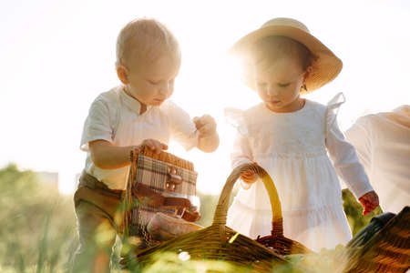 Children boy and girl in white clothes climb into baskets for picnic food.の写真素材