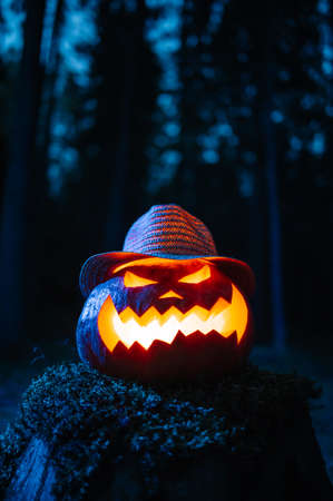 Scary pumpkin with a carved face on a stump in a gloomy forest. Concept Halloween holiday.の写真素材
