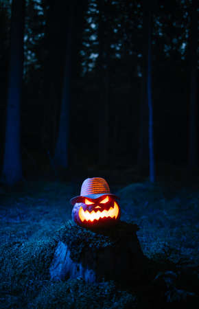 Pumpkin lantern burning in the dark forest the traditional Halloween holiday. Concept background holiday of horror.の写真素材