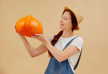 Young female gardener looks at a ripe organic pumpkin on a yellow background. Concept of halloween and gardening.の写真素材