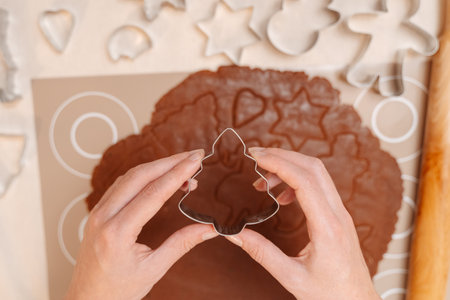 Pastry chefs hands hold metal shape of fir preparing dough for baking gingerbread christmas treat top view.の写真素材