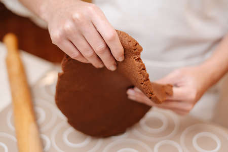 Woman kneading ginger dough in the kitchen for baking. Confectionery concept.の写真素材