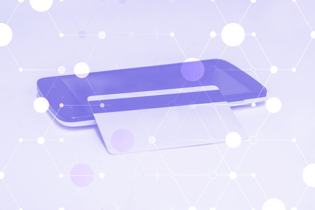 Payment for services. Credit card and mobile phone on the table. Wireless connection background.