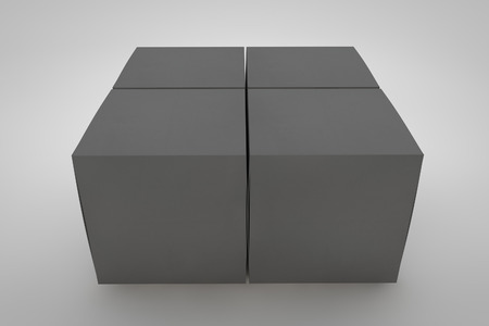 Mock up cardboard box standing on white background. Black packaging for your design. 3D render cardboard box. Three-dimensional rendering.の写真素材