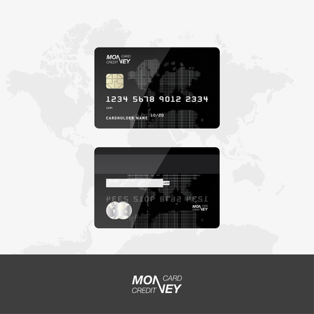 The front and back side of the card against the background of the world map.のイラスト素材