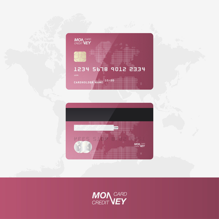 The front and back side of the card against the background of the world map.のイラスト素材