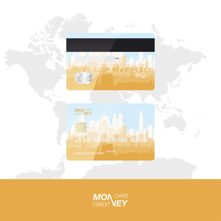 The front and back side of the card against the background of the world map and cityscape.のイラスト素材